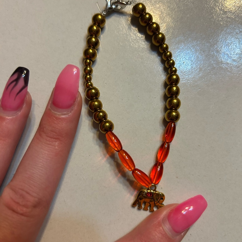 Gold and Orange Beaded elephant Charm Bracelet handmade